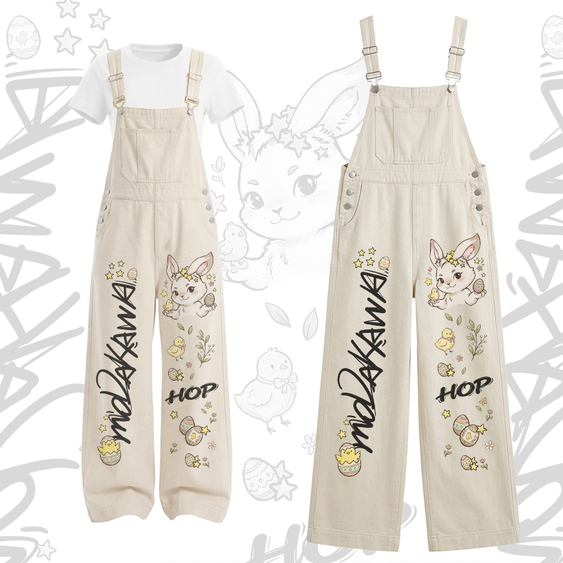 HOP Bunny Graphic U-Neck T-shirt Cargo Overalls Modakawa Two Pieces Set - Set B - XL - image 2