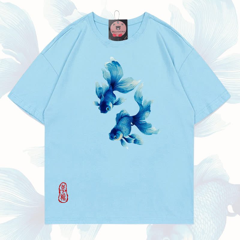 MODAKAWA Fish Graphic 100% Cotton T-shirt - Sky blue - 5XL - image 14