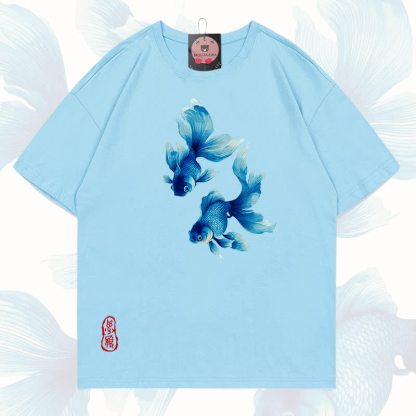 MODAKAWA Fish Graphic 100% Cotton T-shirt - Sky blue - 5XL - image 14