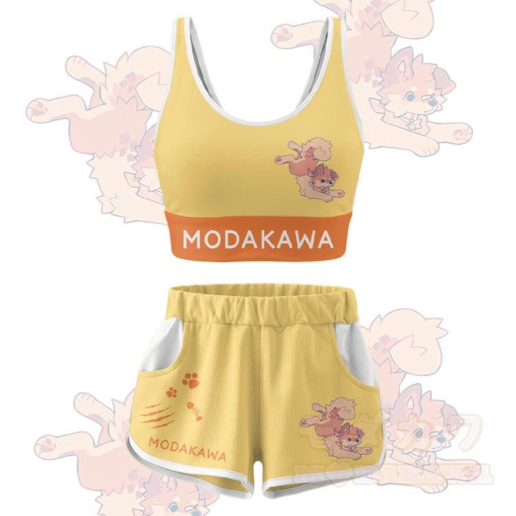 MODAKAWA X popipeko Cute Puppy Graphic Crop Tank Sport Top Shorts Bikini Matching Outfit - Yellow Set - 5XL - image 13