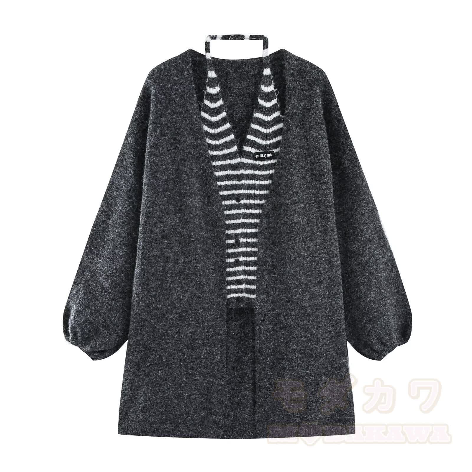 Chic Striped Knit Vest with Cardigan Jacket - Grey - L - image 13