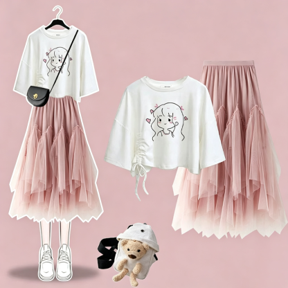  College Style Print Short Sleeve T-shirt Irregular Tulle Skirt Two Pieces Set - Pink Set D - XL - image 9