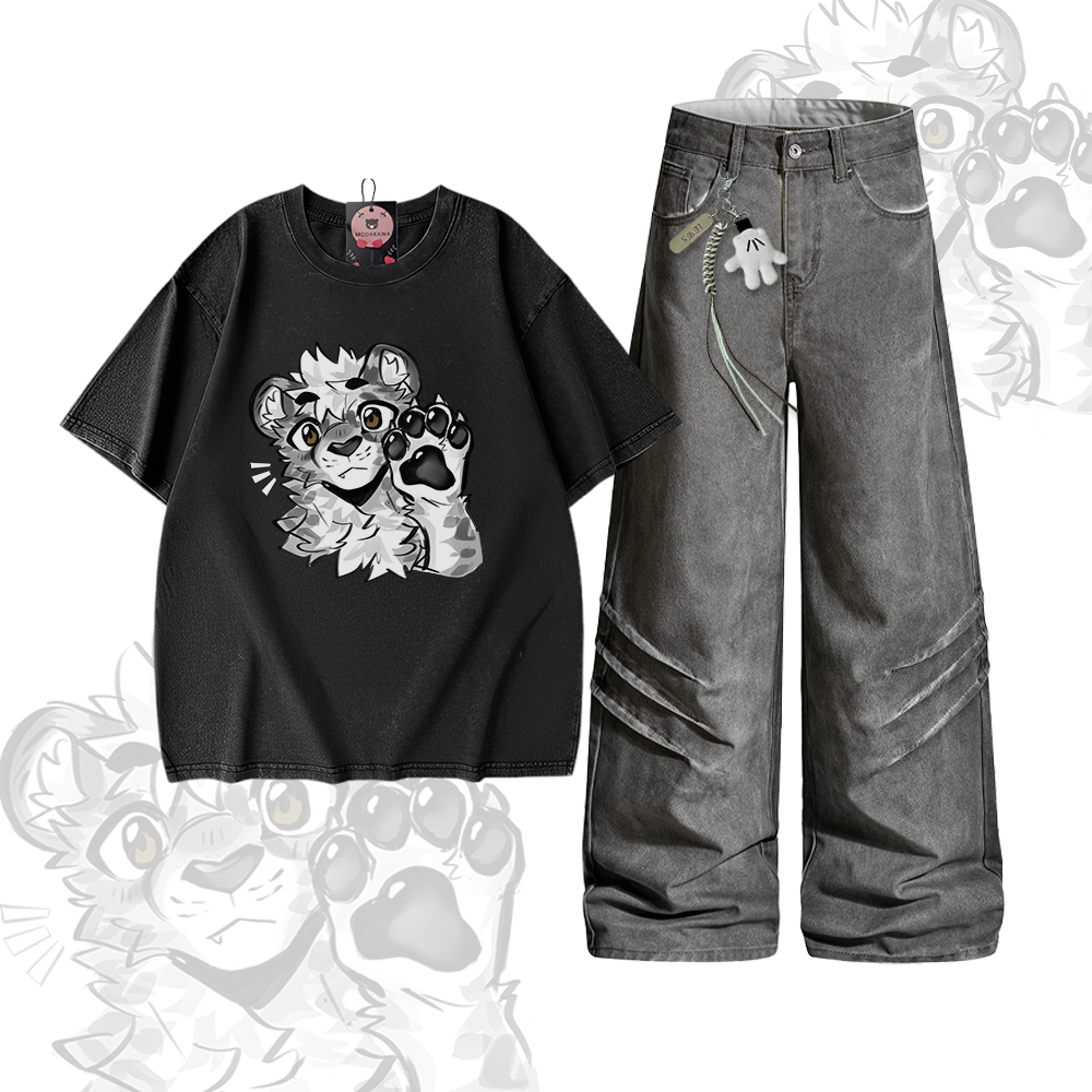 MODAKAWA X atka Tiger Paw Graphic Vintage Washed 100% Cotton T-shirt Denim Pants Two Pieces Set - Set C - 2XL - image 3