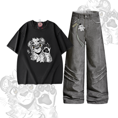 MODAKAWA X atka Tiger Paw Graphic Vintage Washed 100% Cotton T-shirt Denim Pants Two Pieces Set - Set C - 2XL - image 3