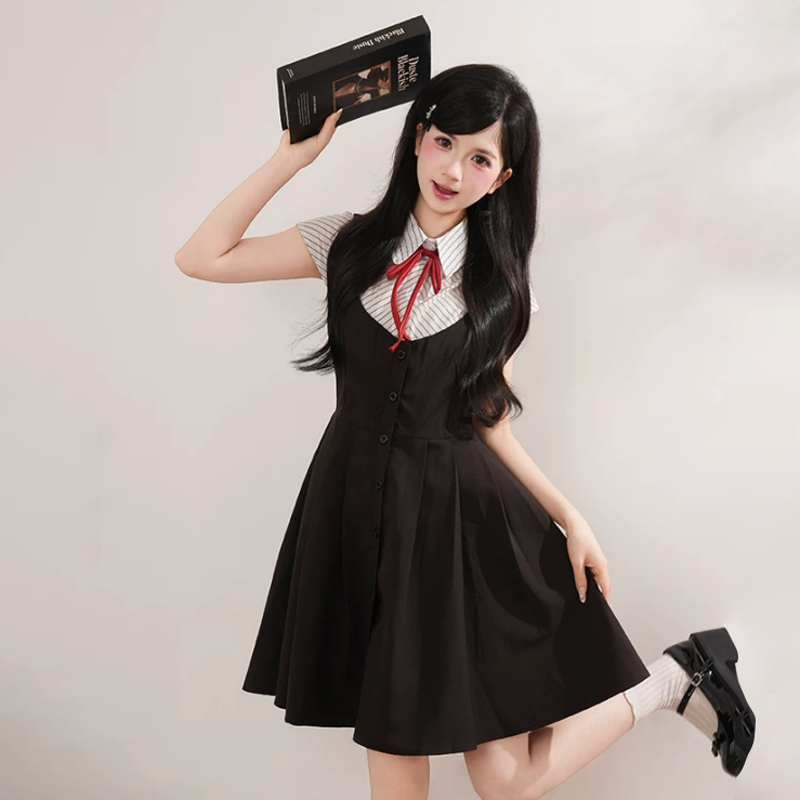 College Style Striped Short Sleeve Shirt Sleeveless Dress Two Pieces Set  - image 5