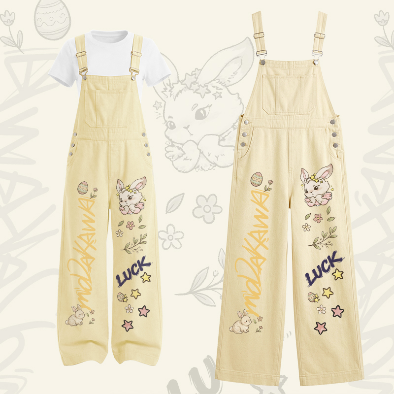 LUCK Bunny Graphic U-Neck T-shirt Cargo Overalls Modakawa Two Pieces Set - Set B - XL - image 2