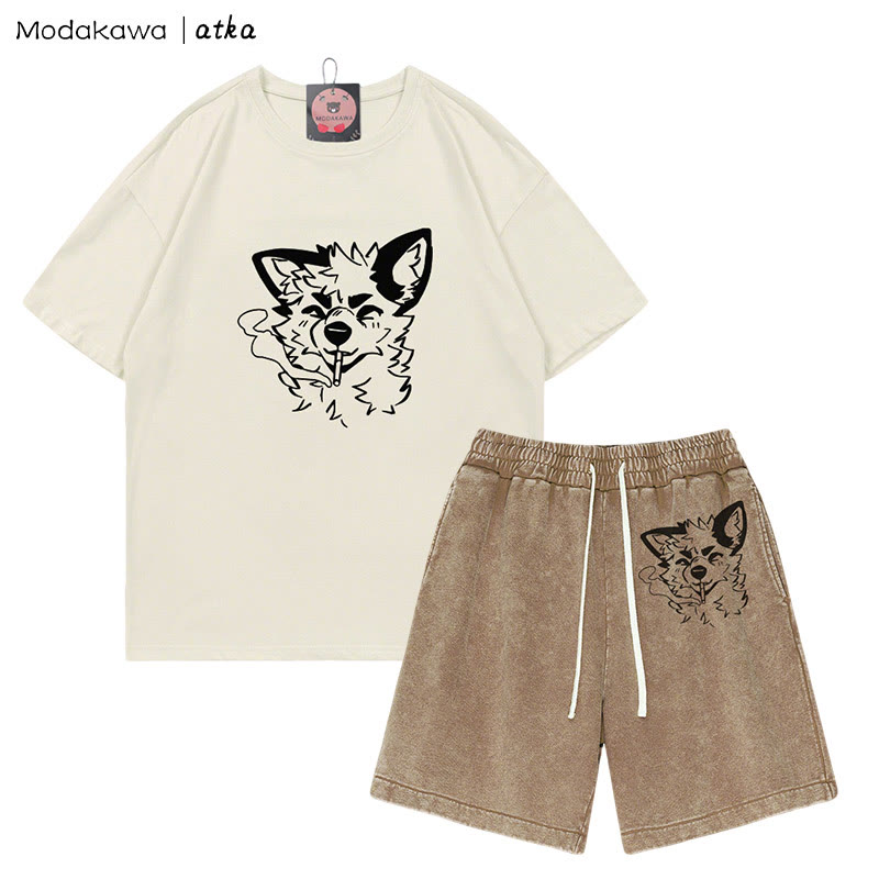 MODAKAWA X atka Fox Smoking Graphic T-shirt Vintage Washed Shorts Two Pieces Set - Beige&Brown - 3XL - image 3