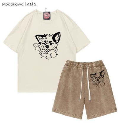 MODAKAWA X atka Fox Smoking Graphic T-shirt Vintage Washed Shorts Two Pieces Set - Beige&Brown - 3XL - image 3