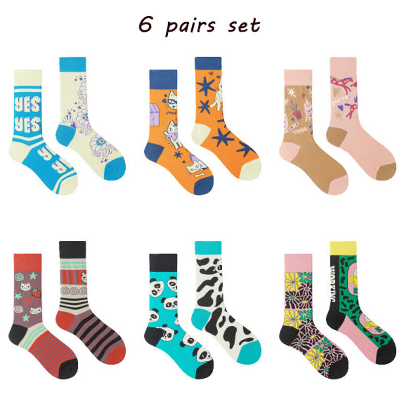 Colorful Asymmetric Printed Mid Calf Socks - Set A - One Size - image 19