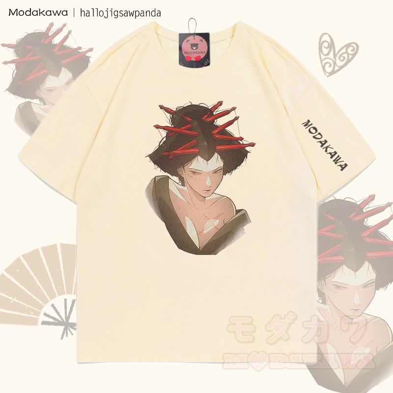 MODAKAWA X Hallo Red Hairpin Anime Girl Graphic T-shirt - Apricot - 5XL - image 3