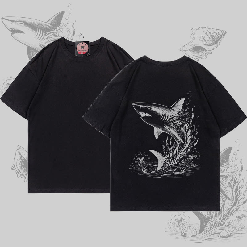 MODAKAWA Ocean Shark Graphic T-shirt - Black - 5XL - image 4