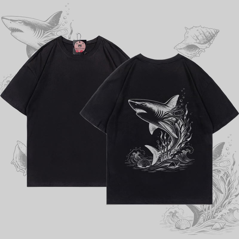 MODAKAWA Ocean Shark Graphic T-shirt - Black - 5XL - image 4