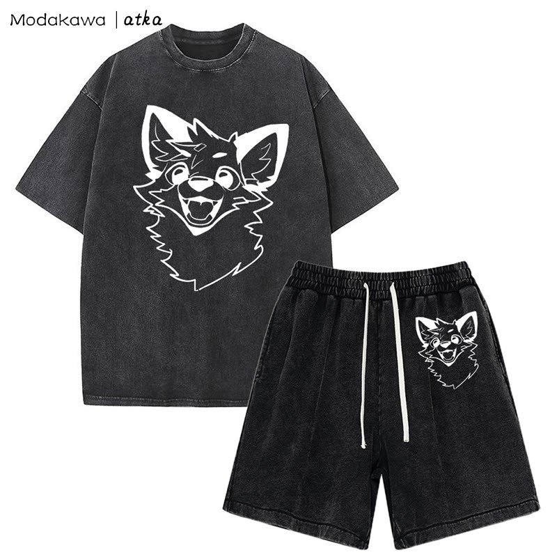 MODAKAWA X atka Fox T-shirt Vintage Washed Shorts Two Pieces Set - Black - 3XL - image 9