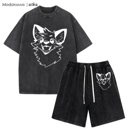 MODAKAWA X atka Fox T-shirt Vintage Washed Shorts Two Pieces Set - Black - 3XL - image 9