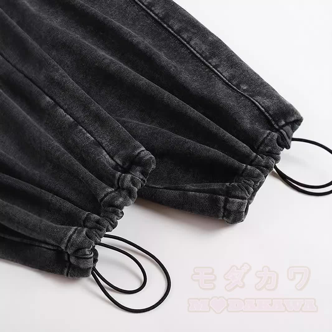 MODAKAWA Cat Holding Can Graphic Vintage Washed Adjustable Hem Pants - image 4