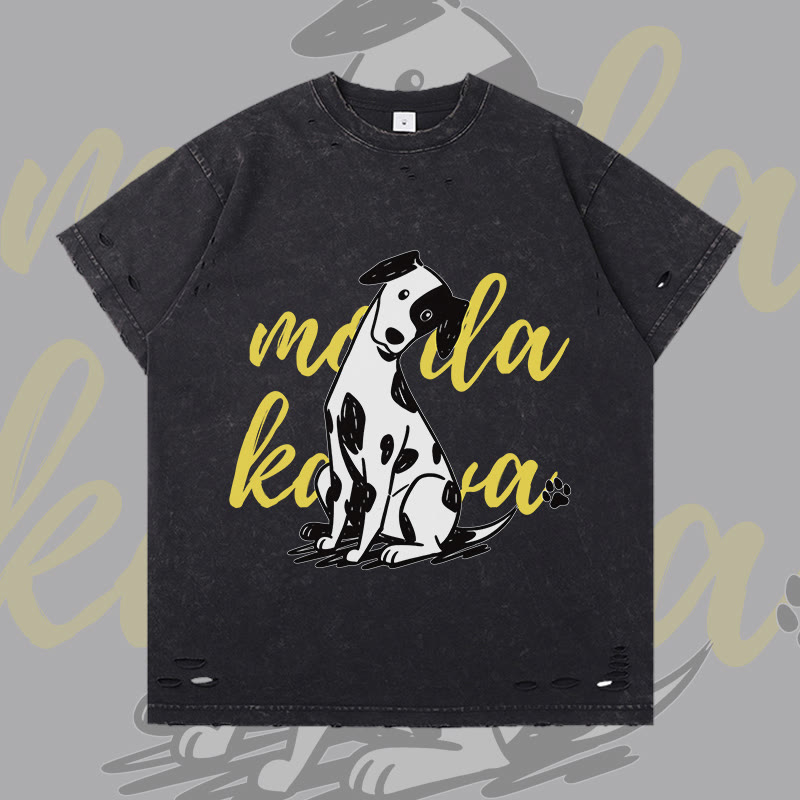 MODAKAWA Playful Spotted Dog Graphic Ripped T-shirt - Black - 2XL - image 3