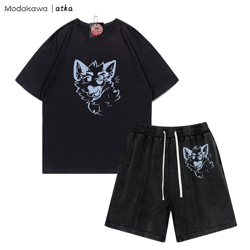 MODAKAWA X atka Playful Fox Face Graphic T-shirt Vintage Washed Shorts Two Pieces Set - Black - 3XL - image 5