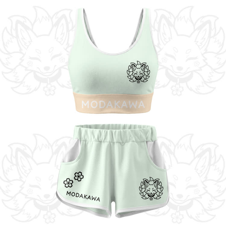 Nine Tailed Fox Graphic Crop Tank Sport Top Shorts Modakawa Matching Outfit - Green Set - 5XL - image 14