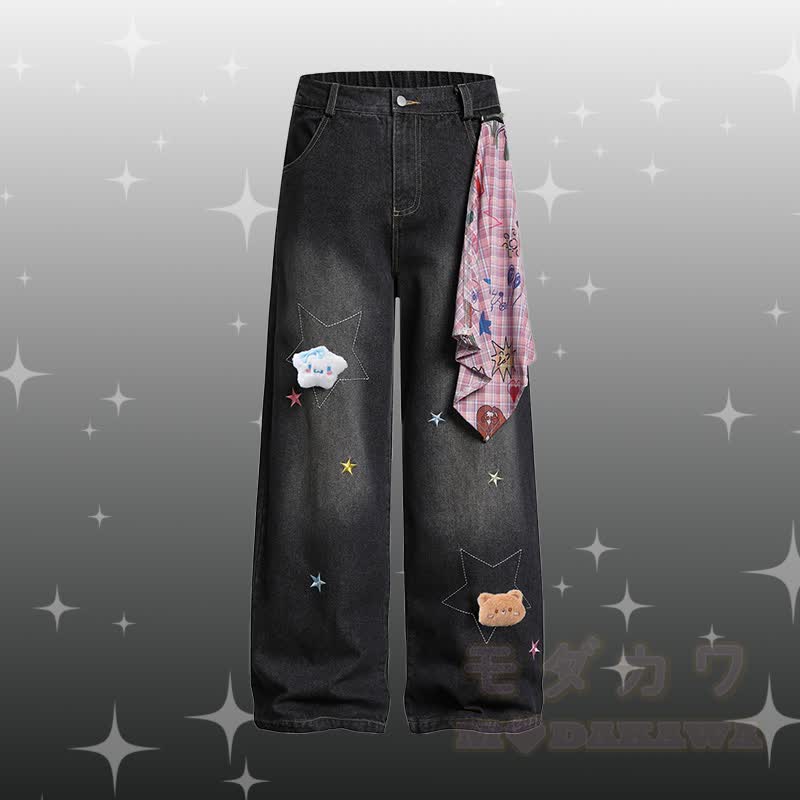 Flock Puppy Gingham Graphic Polo T-shirt Star Denim Pants Modakawa Matching Outfit - Black Pants - XL - image 7