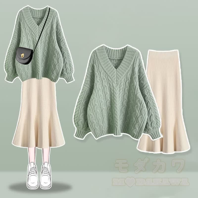 V-neck Cable Sweater Fishtail Skirt Two Pieces Set - Green Set - XL - image 2