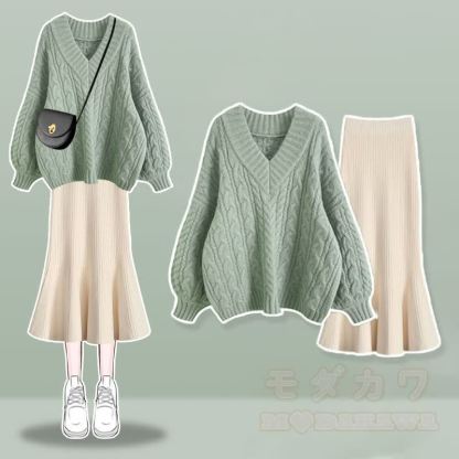 V-neck Cable Sweater Fishtail Skirt Two Pieces Set - Green Set - XL - image 2