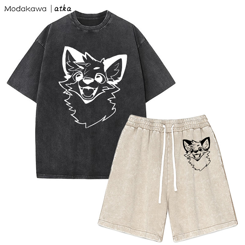 MODAKAWA X atka Fox T-shirt Vintage Washed Shorts Two Pieces Set - Black&Apricot - 3XL - image 11