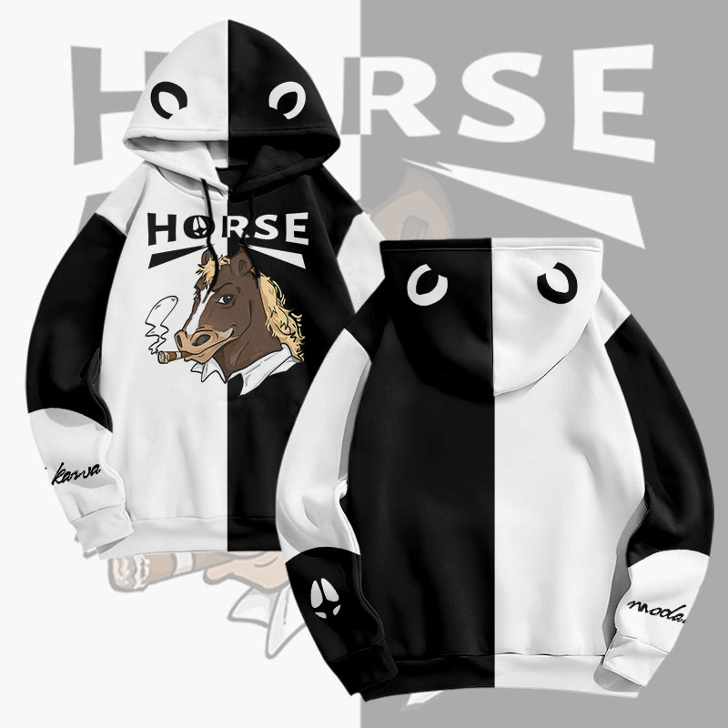 MODAKAWA Smoking Horse Graphic All Over Print Pullover Hoodie - Black - 6XL - image 3