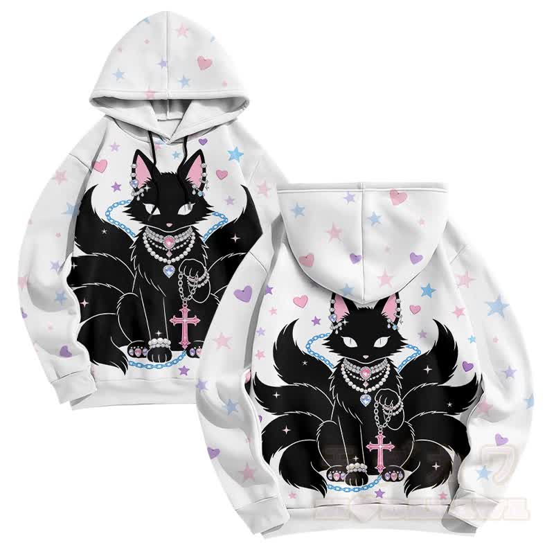 Black Nine Tailed Fox Cross Graphic Modakawa Gradient Pullover Hoodie - White - 6XL - image 3
