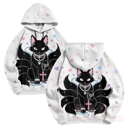 Black Nine Tailed Fox Cross Graphic Modakawa Gradient Pullover Hoodie - White - 6XL - image 3