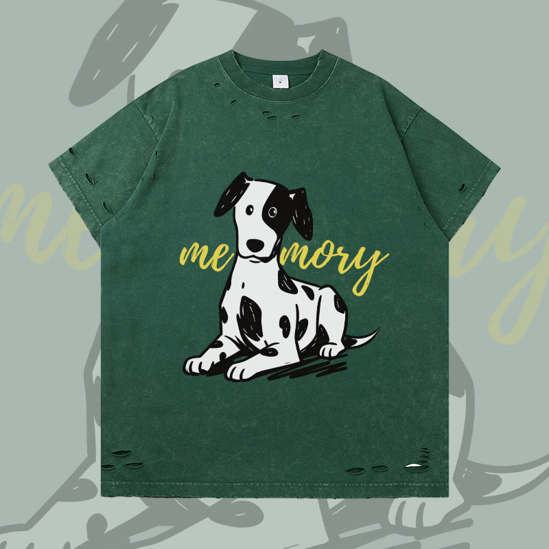 MODAKAWA Lying Spotted Dog Graphic Ripped T-shirt - Dark Green - 2XL - image 4