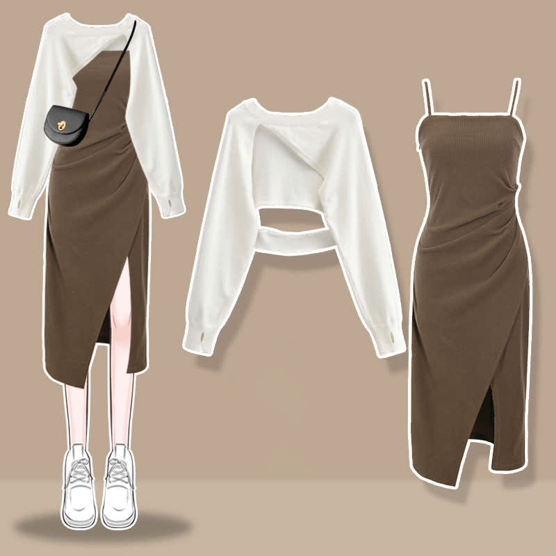 Irregular Hollow Out Sweater Ruffled Split Slip Dress Matching Outfit - Set A - XL - image 1