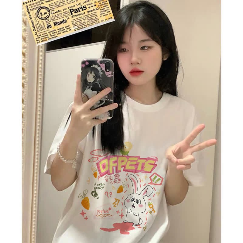 Cartoon Bunny Bear Sheep Print Loose T-Shirt - image 3