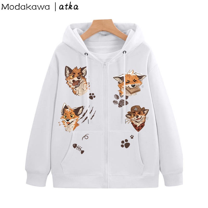 MODAKAWA X atka Playful Fox Graphic Zip Up Hoodie Sweatshirt - White - 5XL - image 4