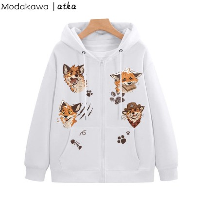 MODAKAWA X atka Playful Fox Graphic Zip Up Hoodie Sweatshirt - White - 5XL - image 4