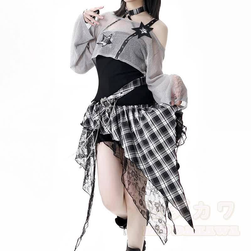 Gothic Sheer Mesh Top Plaid Dress Two Pieces Set - image 4