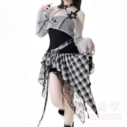 Gothic Sheer Mesh Top Plaid Dress Two Pieces Set - image 4