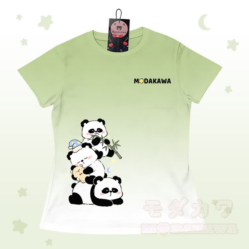 Gradient Panda Graphic T-shirt Letter Graphic Shorts Modakawa Matching Outfit - Green T-shirt - 5XL - image 6