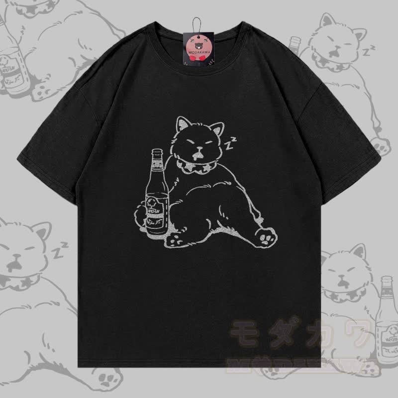 Sleeping Cat Graphic Modakawa 100% Cotton T-shirt - Black - 5XL - image 3