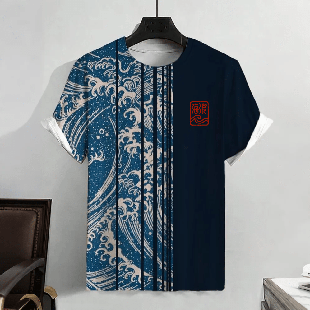 Ocean Wave Colorblock Graphic Casual Short Sleeve T-shirt - Black - 5XL - image 3