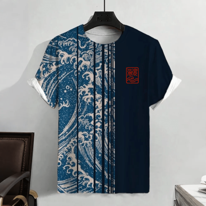 Ocean Wave Colorblock Graphic Casual Short Sleeve T-shirt - Black - 5XL - image 3