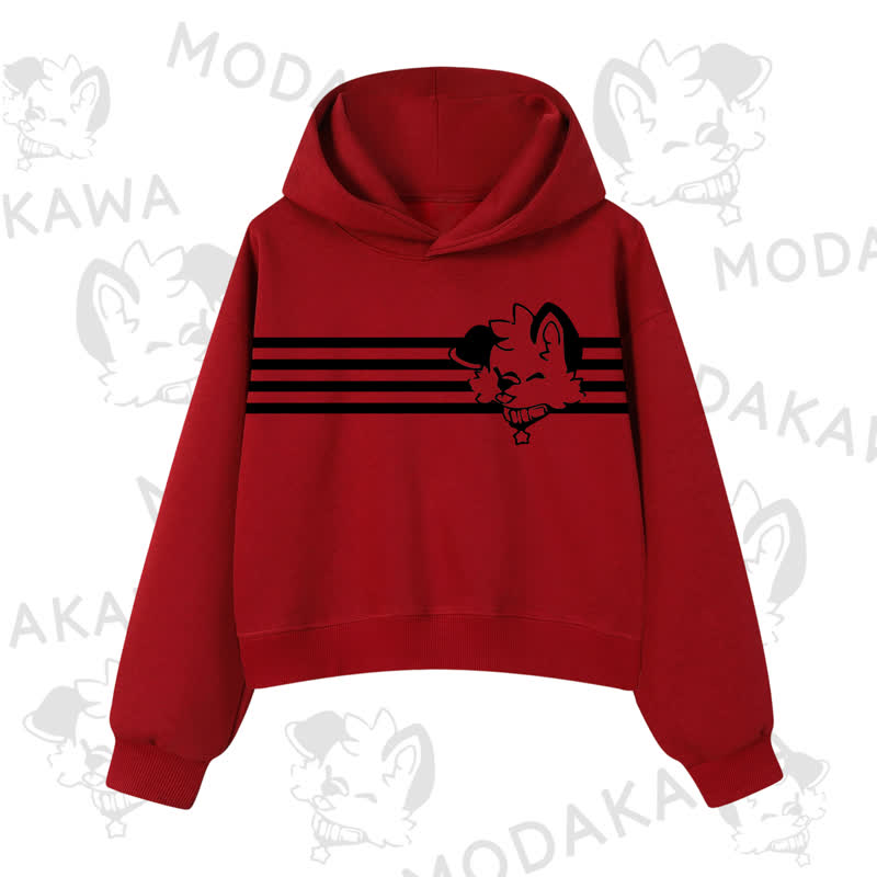 Modakawa Dog Graphic Stripe Cropped Cotton Hoodie - Red A - 3XL - image 12