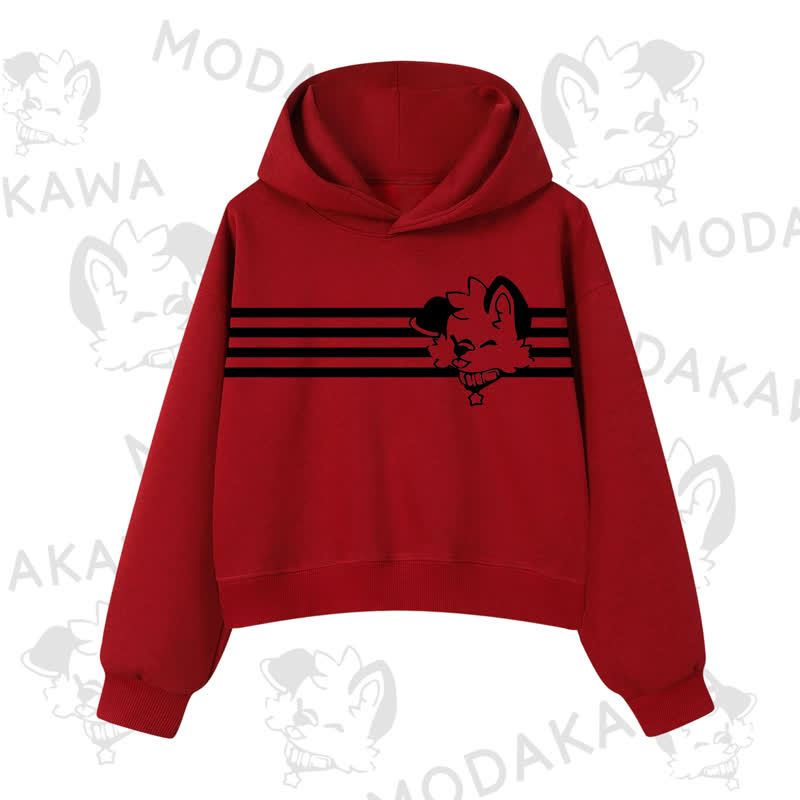 Modakawa Dog Graphic Stripe Cropped Cotton Hoodie - Red A - 3XL - image 12