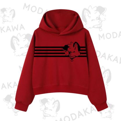 Modakawa Dog Graphic Stripe Cropped Cotton Hoodie - Red A - 3XL - image 12