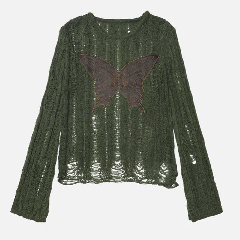 Distressed Hollow Butterfly Embroidery Long Sleeve Knit T-Shirts - Green - 2XL - image 4
