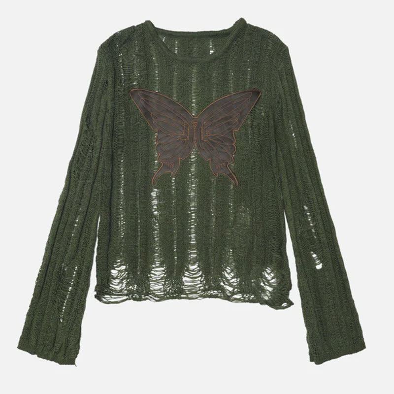 Distressed Hollow Butterfly Embroidery Long Sleeve Knit T-Shirts - Green - 2XL - image 4