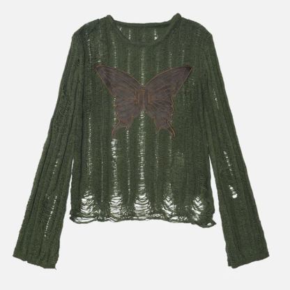 Distressed Hollow Butterfly Embroidery Long Sleeve Knit T-Shirts - Green - 2XL - image 4