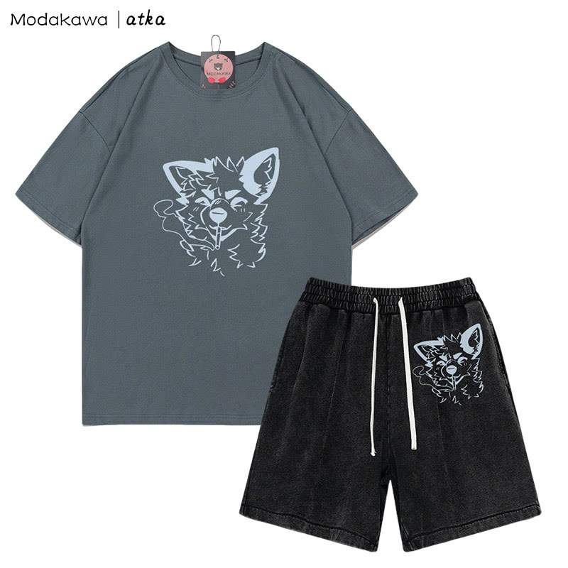 MODAKAWA X atka Fox Smoking Graphic T-shirt Vintage Washed Shorts Two Pieces Set - Grey&Black - 3XL - image 8