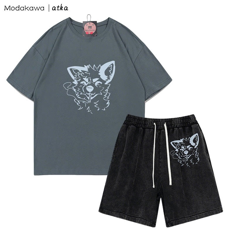 MODAKAWA X atka Fox Smoking Graphic T-shirt Vintage Washed Shorts Two Pieces Set - Grey&Black - 3XL - image 8