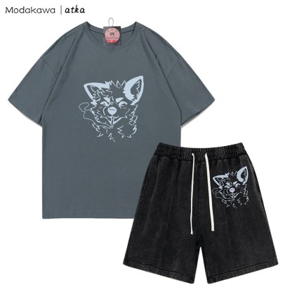 MODAKAWA X atka Fox Smoking Graphic T-shirt Vintage Washed Shorts Two Pieces Set - Grey&Black - 3XL - image 8