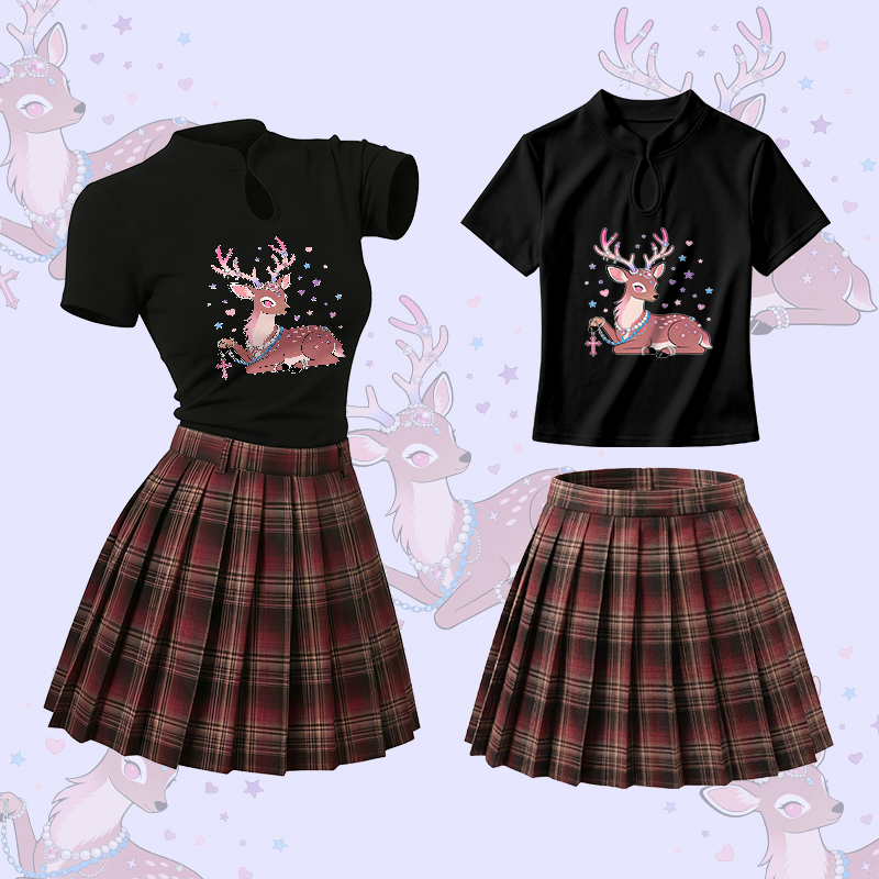 Deer Graphic Vintage Buckle T-shirt Plaid Skirt Modakawa Two Pieces Set - Set B - L - image 2